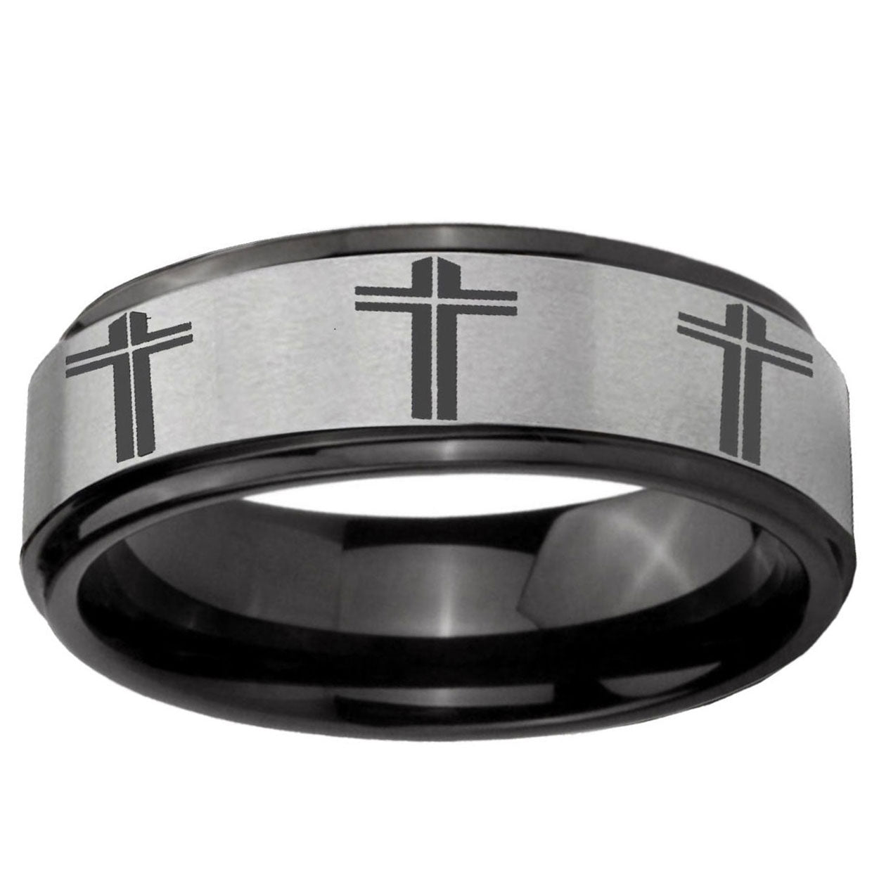 6mm Multiple Christian Cross Black Step Edge Gray Tungsten Ring