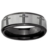 6mm Multiple Christian Cross Black Step Edge Gray Tungsten Men's Band Ring