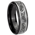8mm Etched Tribal Pattern Black Step Edge Gray Tungsten Ring