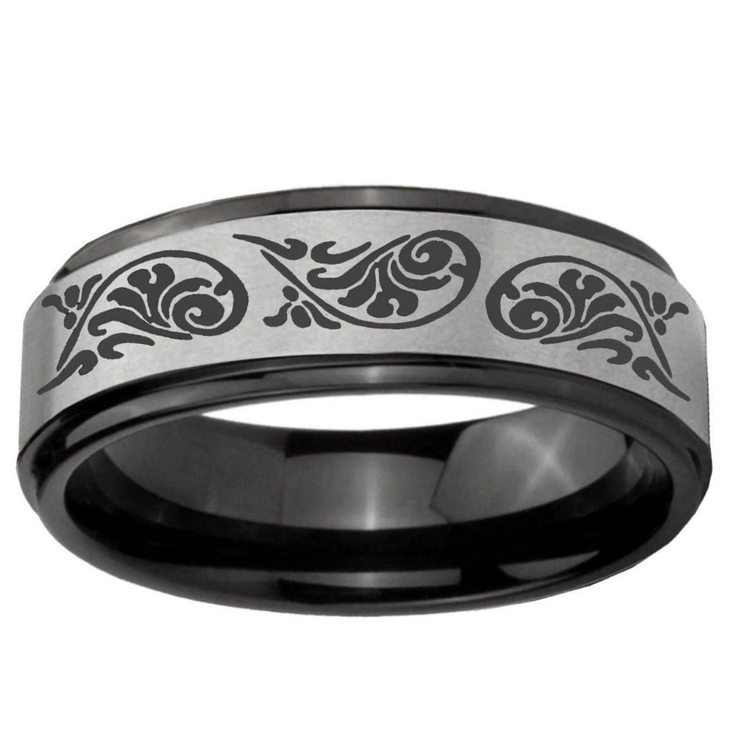 6mm Etched Tribal Pattern Black Step Edge Gray Tungsten Ring