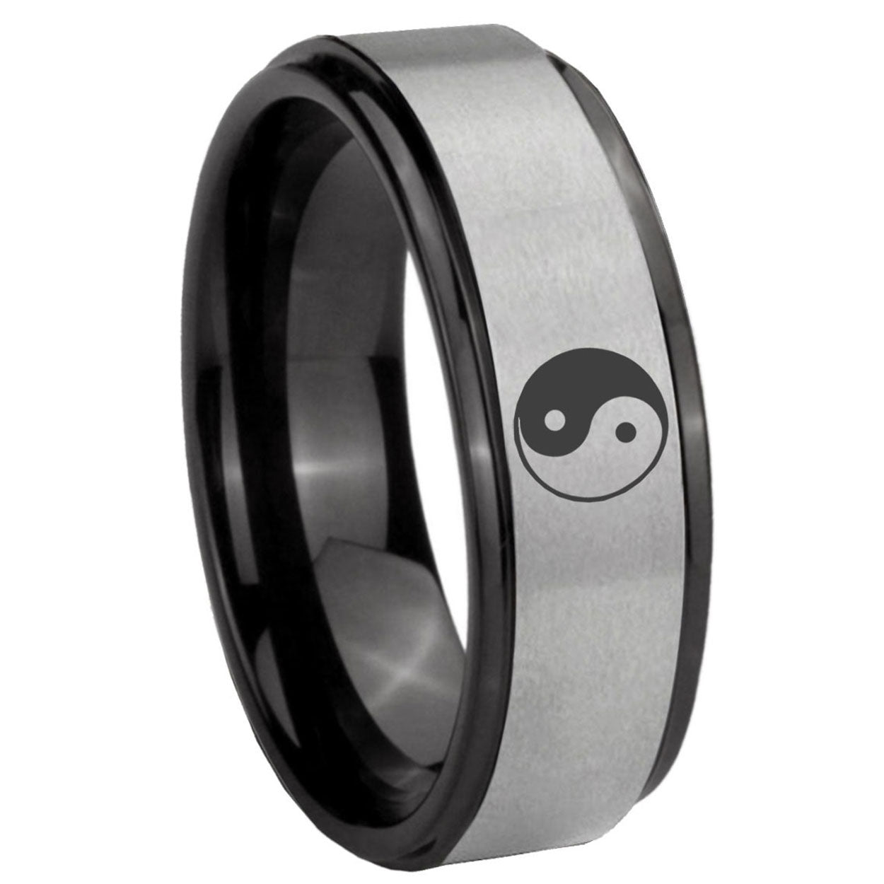 8mm Yin Yang Black Step Edge Gray Tungsten Personalized Ring