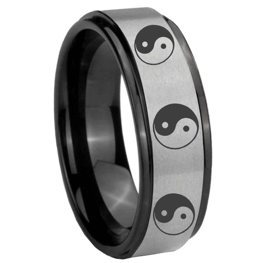 8mm Multiple Yin Yang Black Step Edge Gray Tungsten Ring