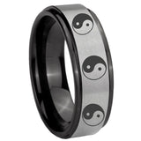 8mm Multiple Yin Yang Black Step Edge Gray Tungsten Carbide Promise Ring