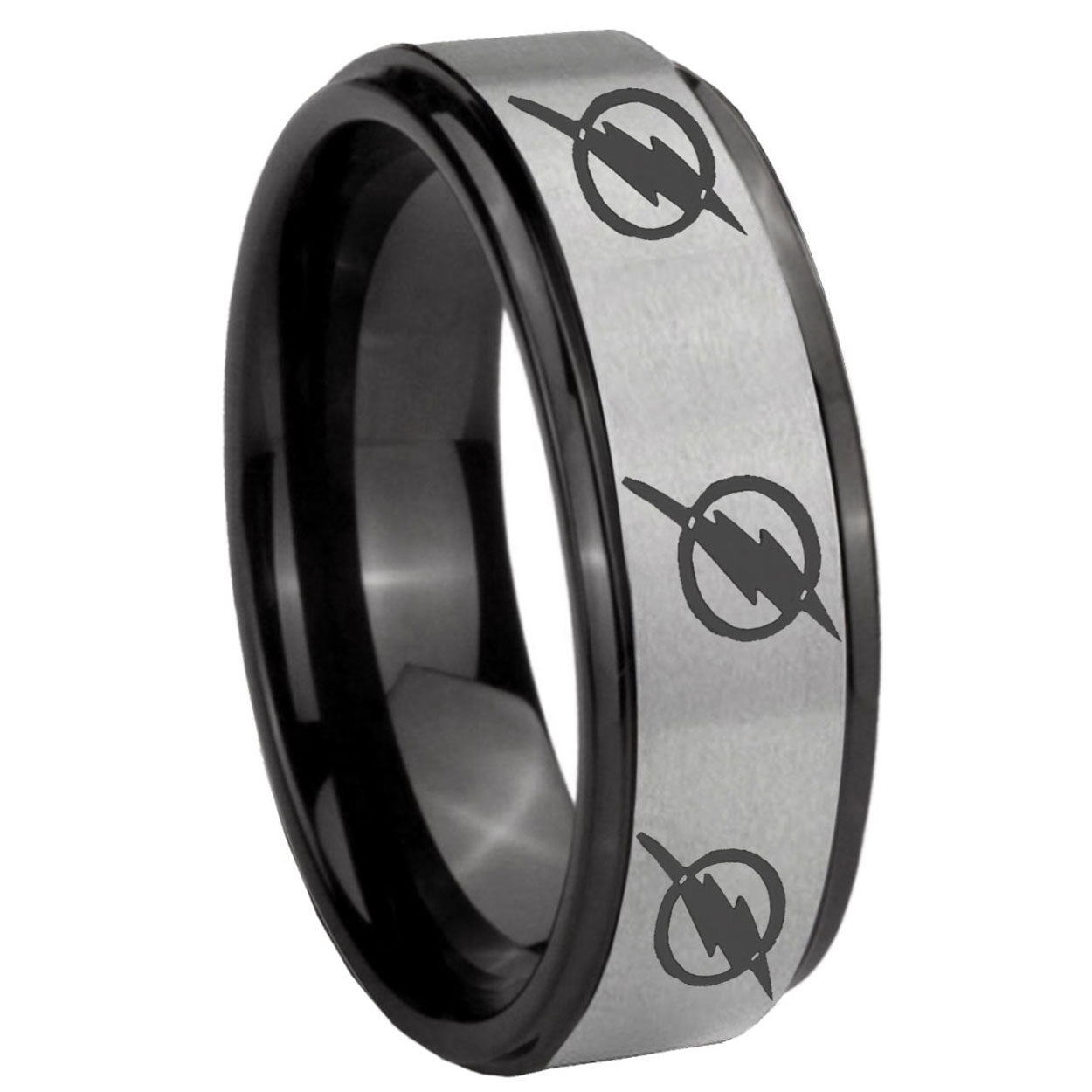 8mm Multiple Flash Black Step Edge Gray Wedding Band