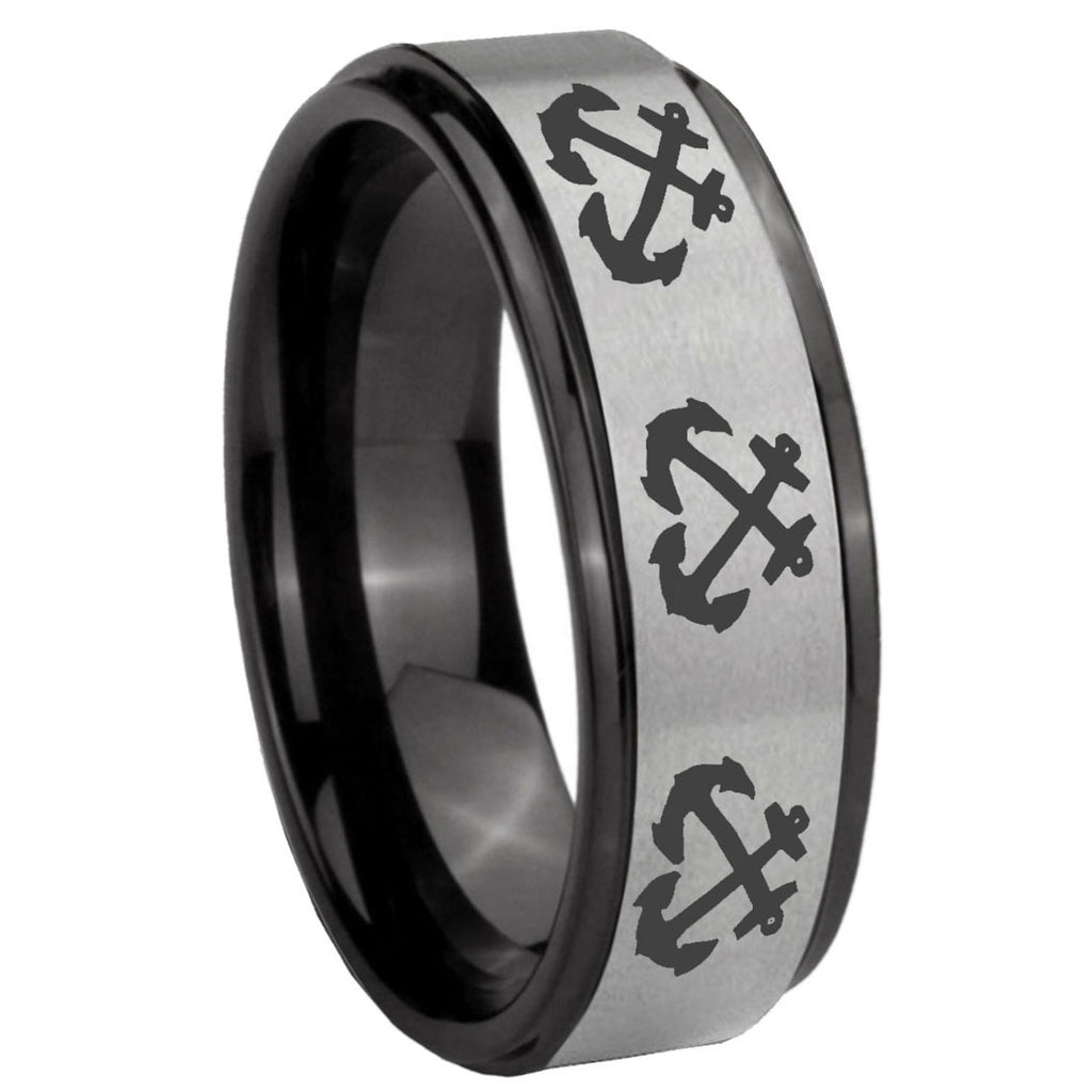 8mm Multiple Anchor Black Step Edge Gray Tungsten Ring