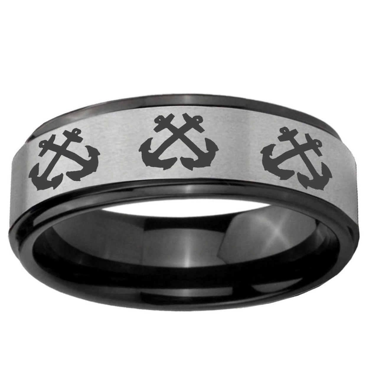 6mm Multiple Anchor Black Step Edge Gray Tungsten Ring