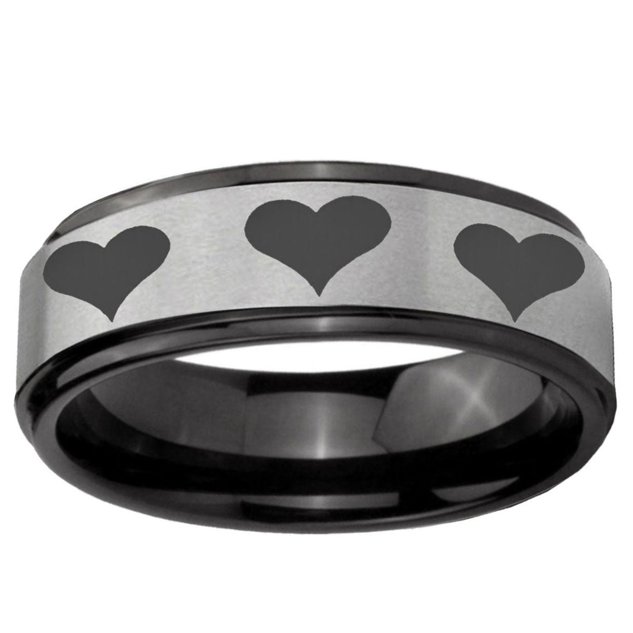 6mm Multiple Heart Black Step Edge Gray Tungsten Ring