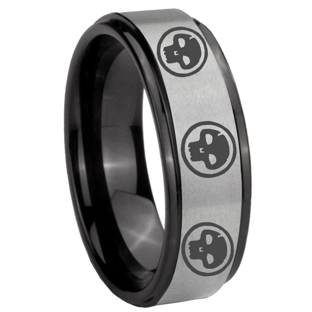 8mm Multiple Skull Black Step Edge Gray Tungsten Ring