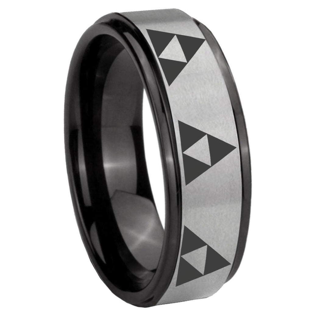 8mm Multiple Zelda Triforce Black Step Edge Gray Tungsten Ring