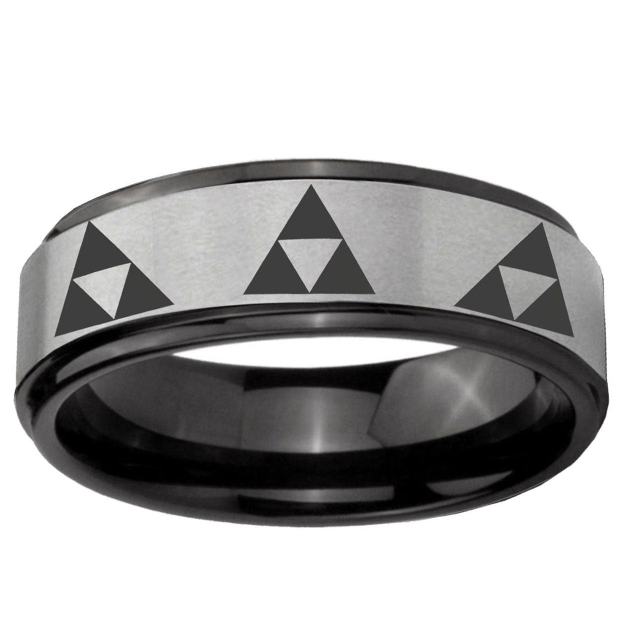 6mm Multiple Zelda Triforce Black Step Edge Gray Tungsten Ring