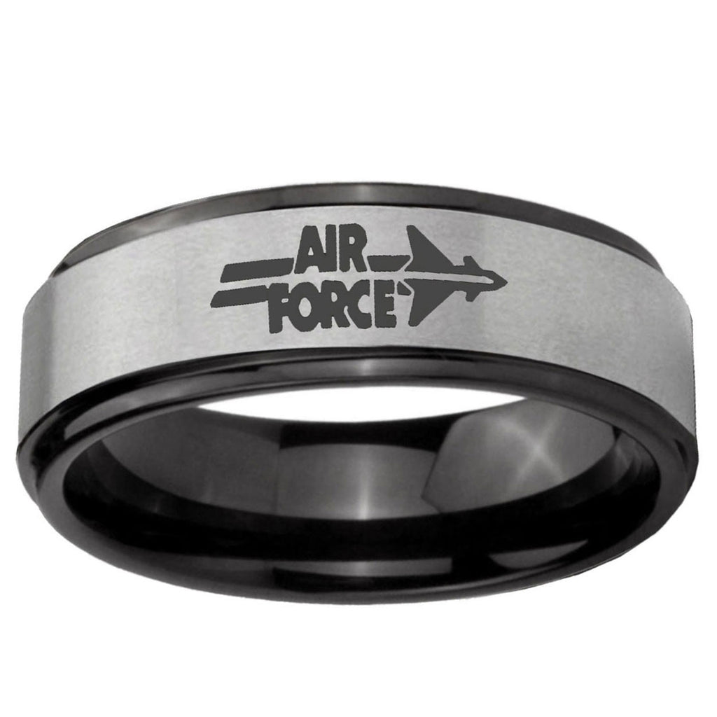6mm Black Step Edge Gray Air Force Tungsten Engraved Ring
