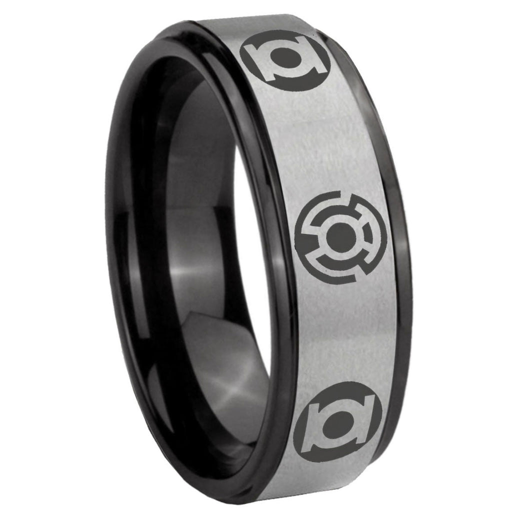 8mm Blue Green Lantern Black Step Edge Gray Tungsten Ring