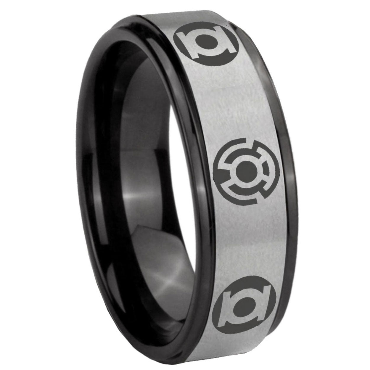 8mm Blue Green Lantern Black Step Edge Gray Tungsten Ring