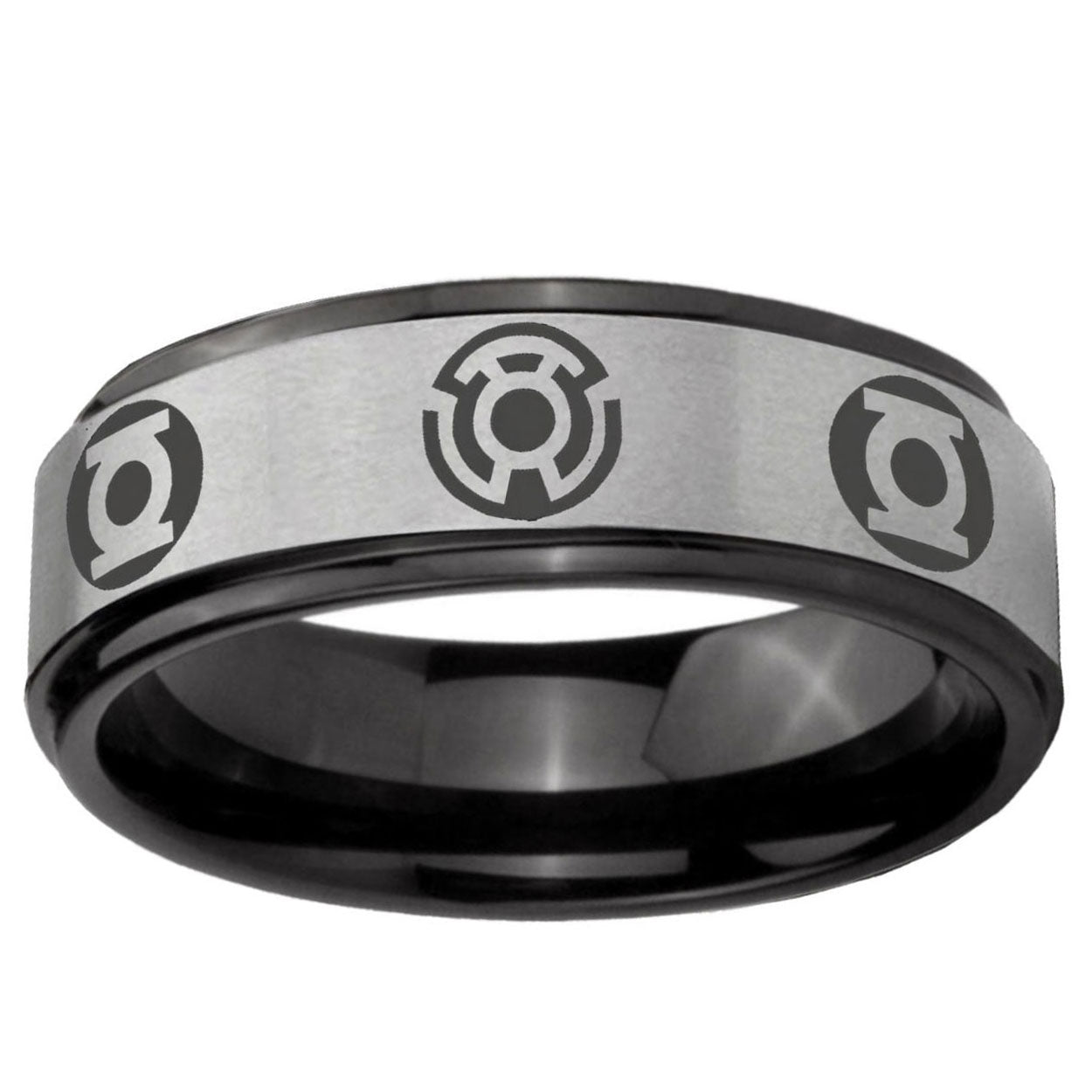 6mm Blue Green Lantern Black Step Edge Gray Tungsten Ring