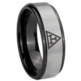 8mm Masonic Triple Black Step Edge Gray Tungsten Men's Ring Personalized