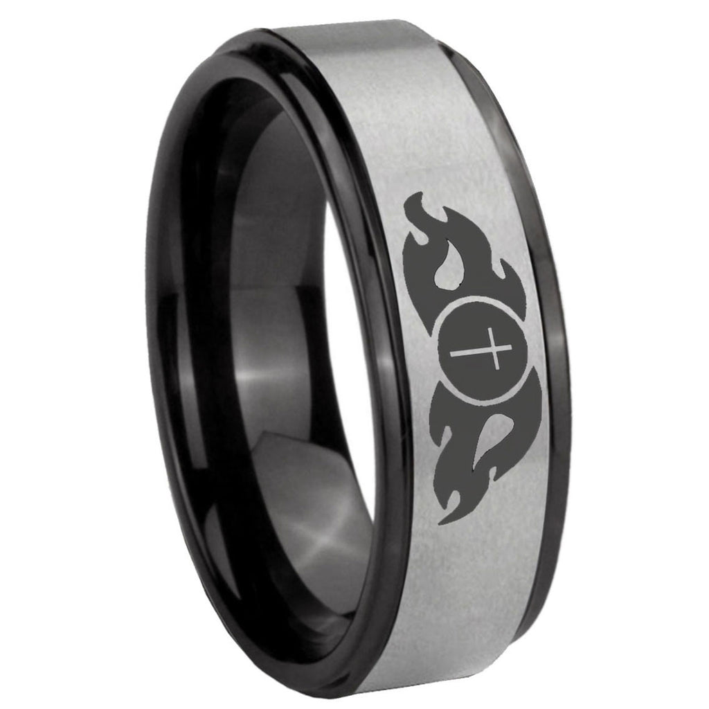 8mm Flamed Cross Black Step Edge Gray Tungsten Promise Ring