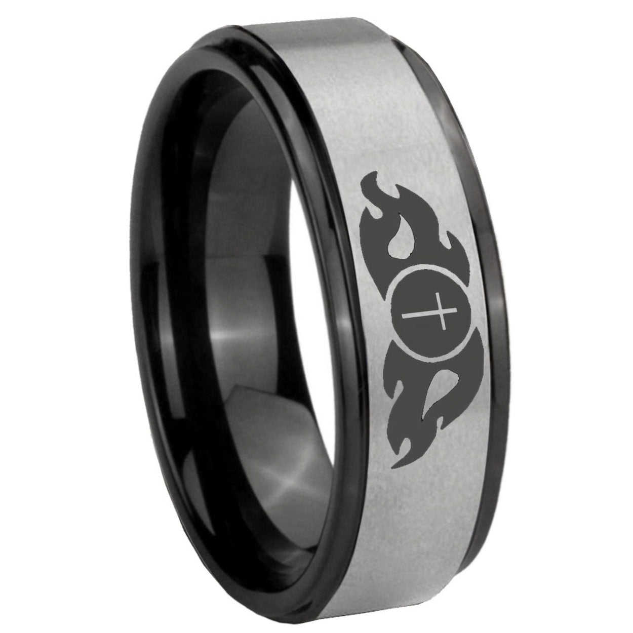 8mm Flamed Cross Black Step Edge Gray Tungsten Promise Ring