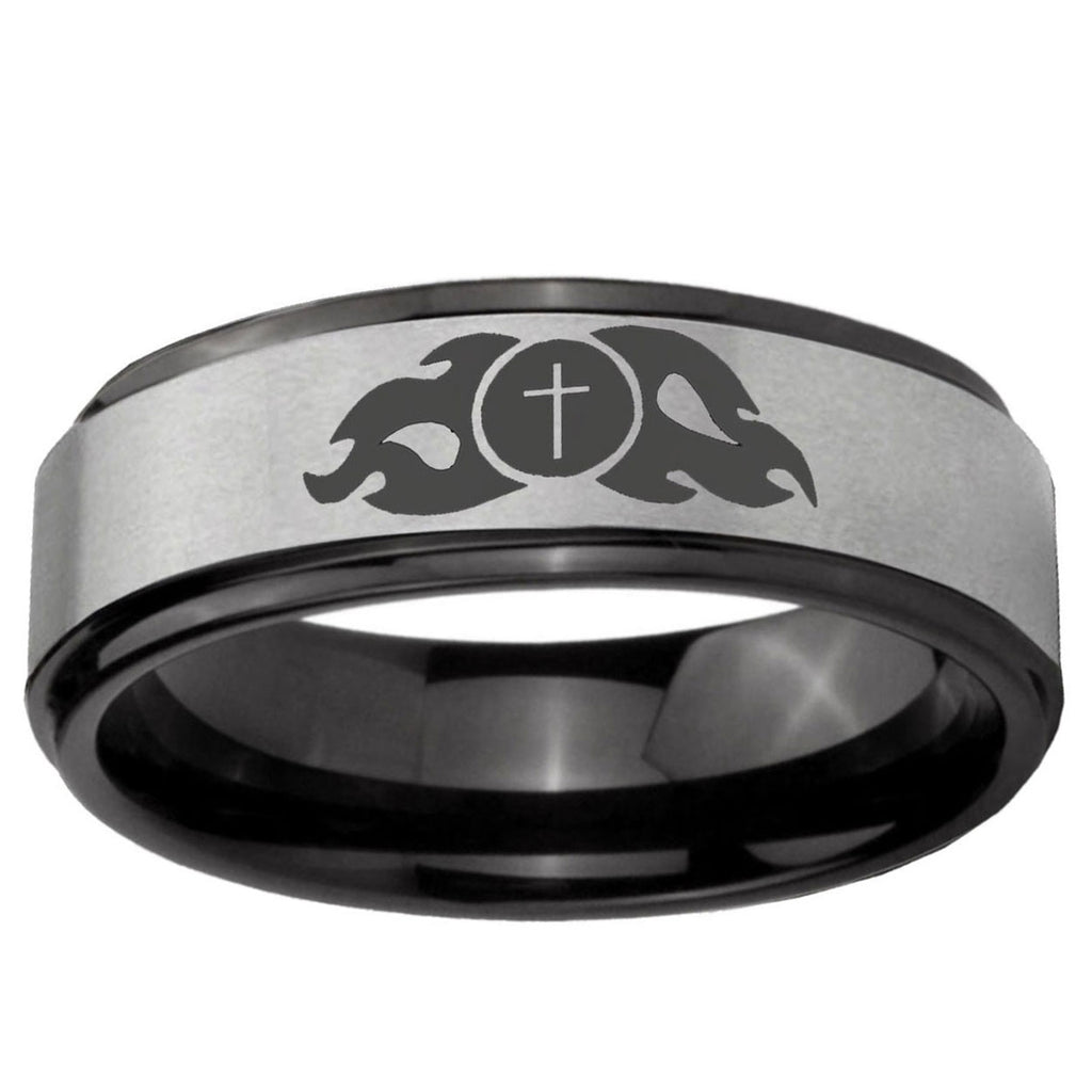 6mm Flamed Cross Black Step Edge Gray Tungsten Promise Ring