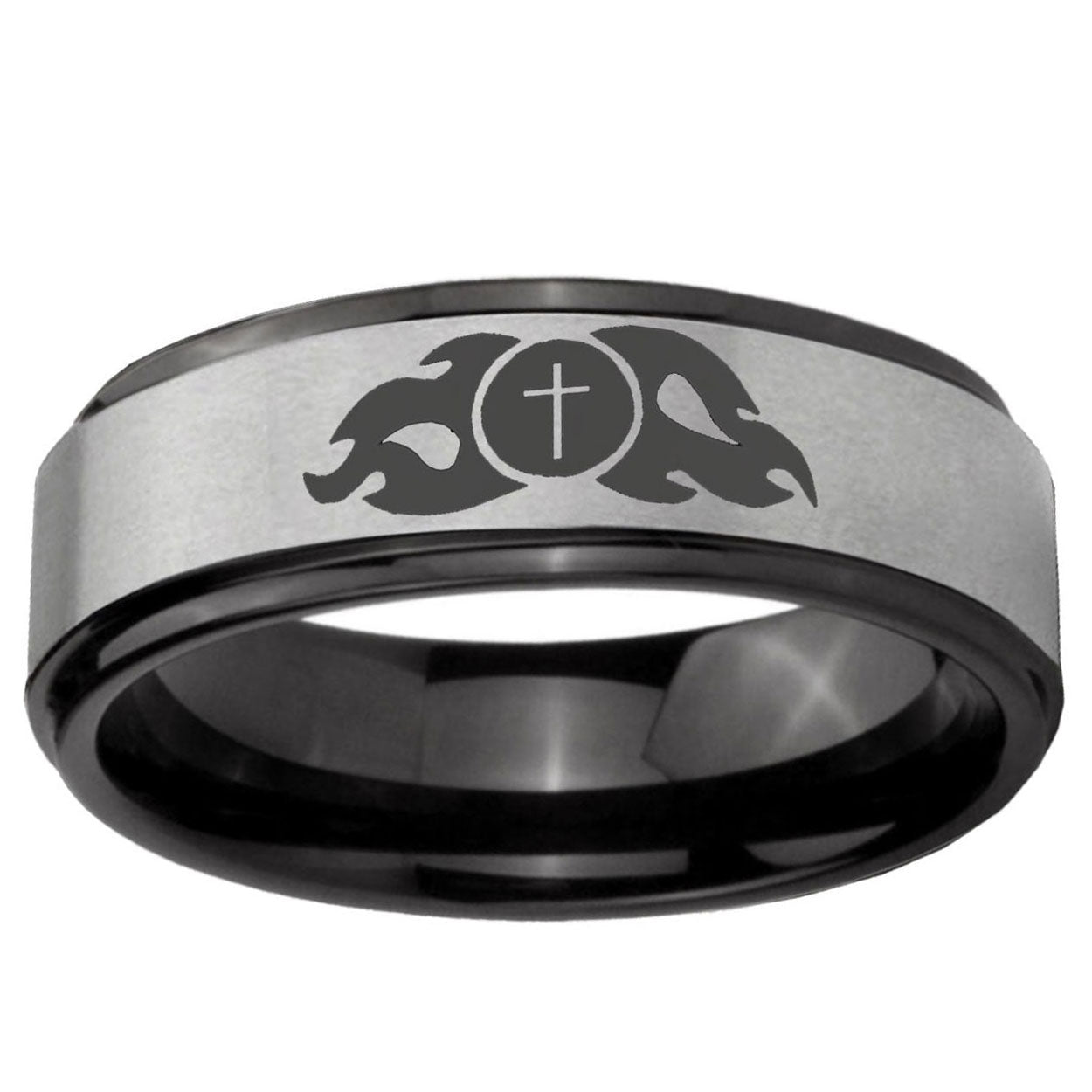 6mm Flamed Cross Black Step Edge Gray Tungsten Promise Ring
