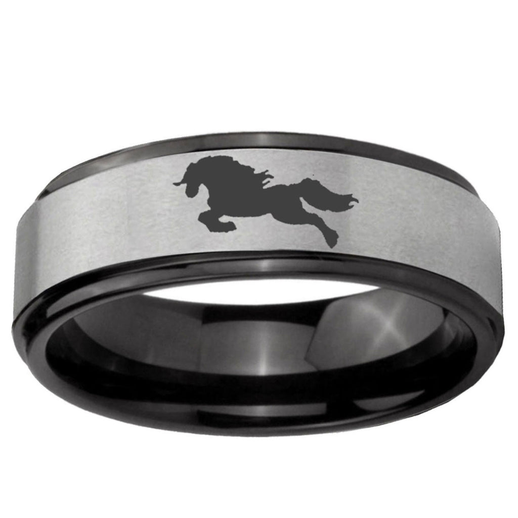 6mm Horse Black Step Edge Gray Tungsten Wedding Bands Ring