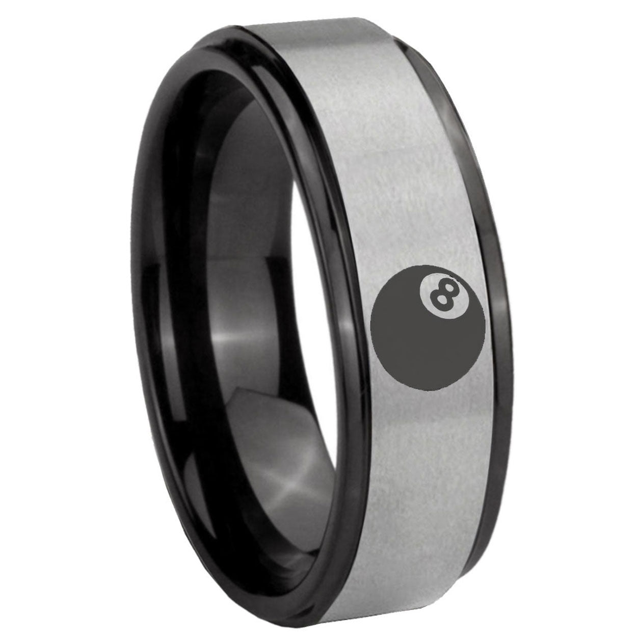 8mm 8 Ball Black Step Edge Gray Tungsten Engraved Ring