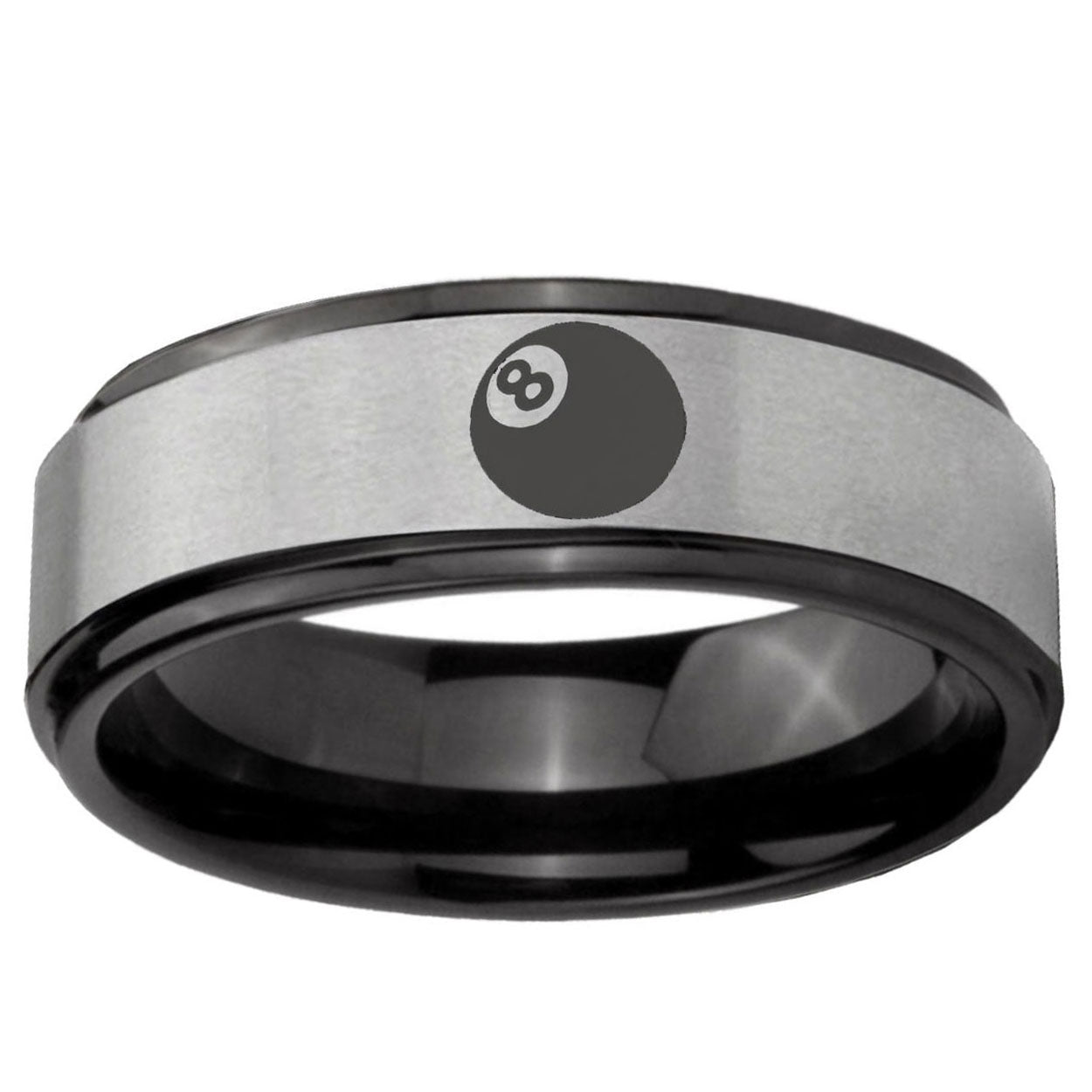6mm 8 Ball Black Step Edge Gray Tungsten Engraved Ring