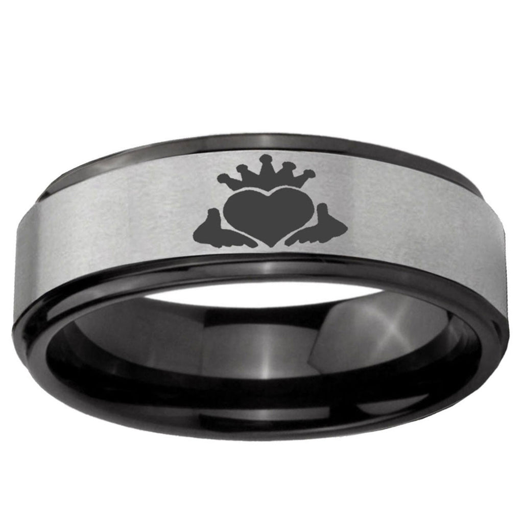 6mm Claddagh Design Black Step Edge Gray Tungsten Ring