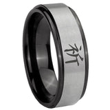 8mm Kanji Prayer Black Step Edge Gray Tungsten Carbide Engagement Ring