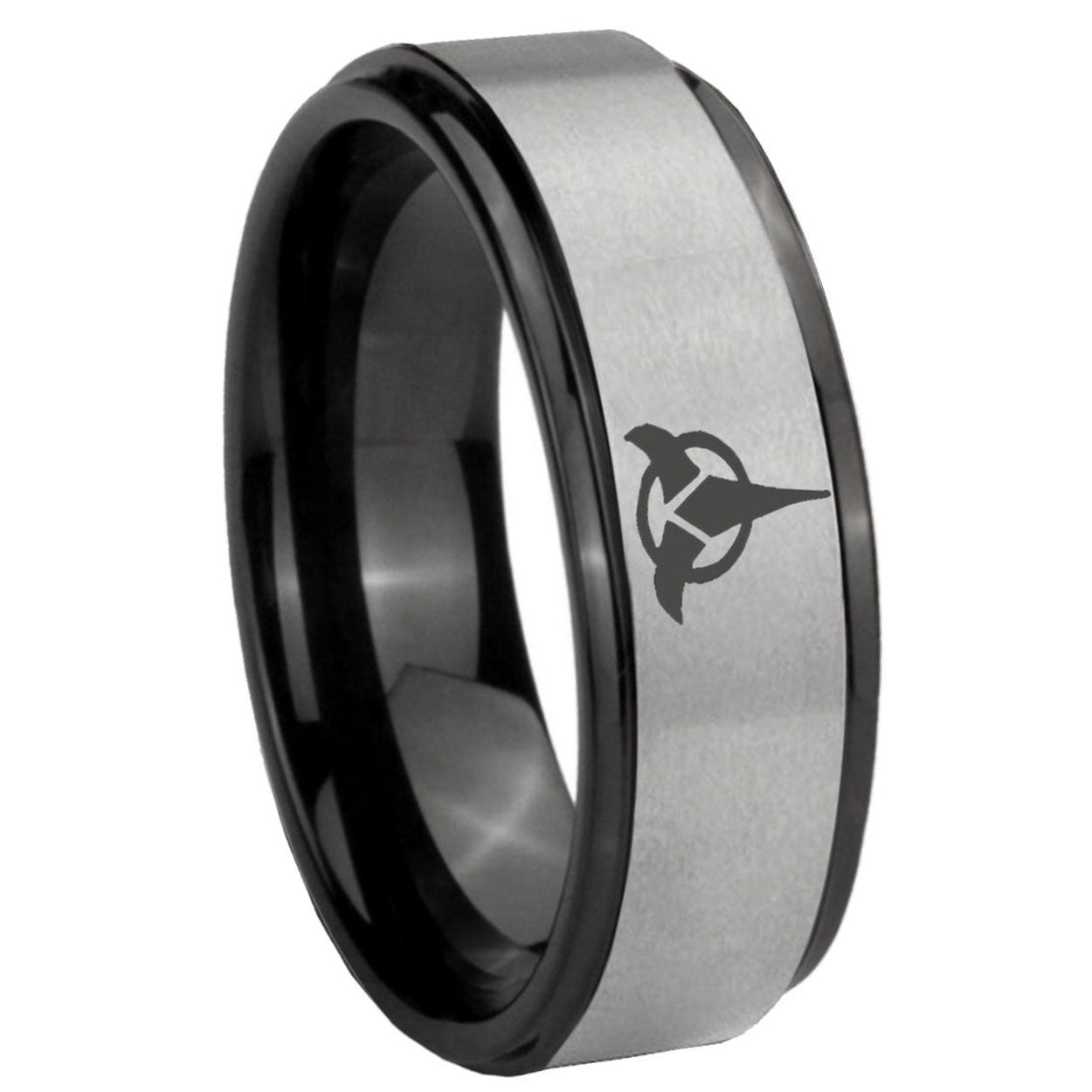 8mm Klingon Black Step Edge Gray Tungsten Engraved Ring