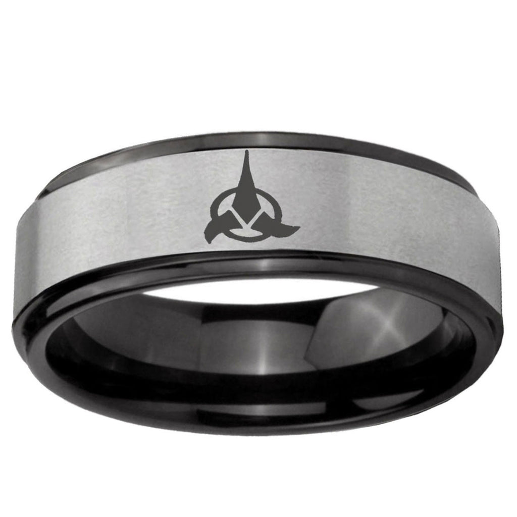 6mm Klingon Black Step Edge Gray Tungsten Engraved Ring