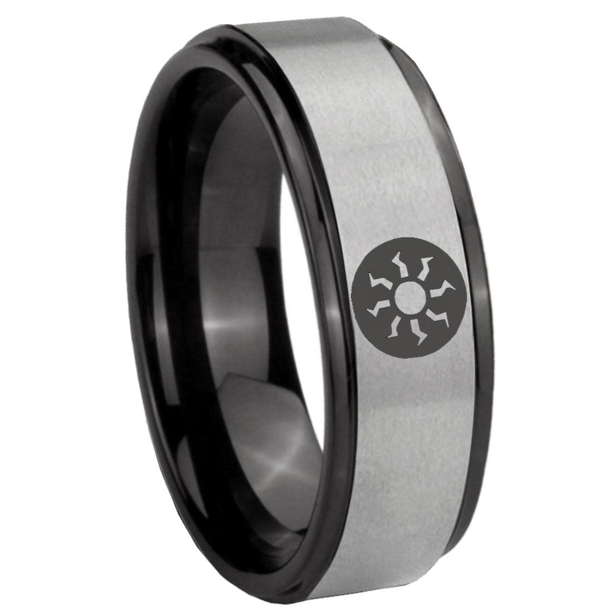 8mm Magic The Gathering Black Step Edge Gray Tungsten Ring