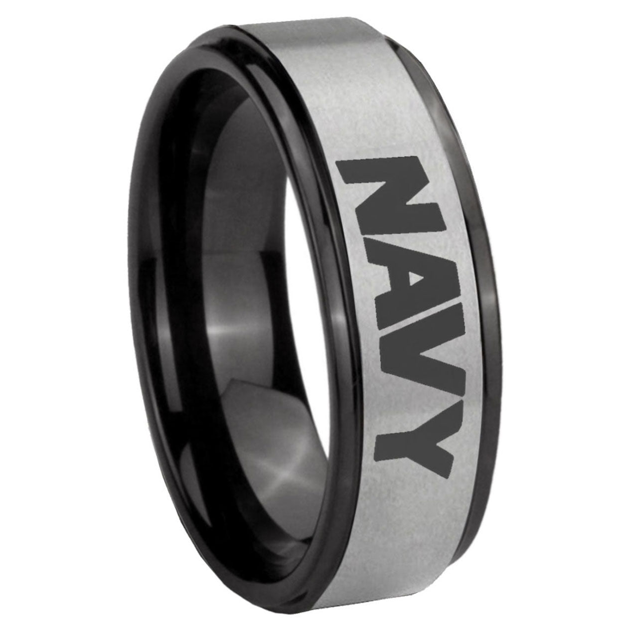 8mm Navy Black Step Edge Gray Tungsten Men's Wedding Band