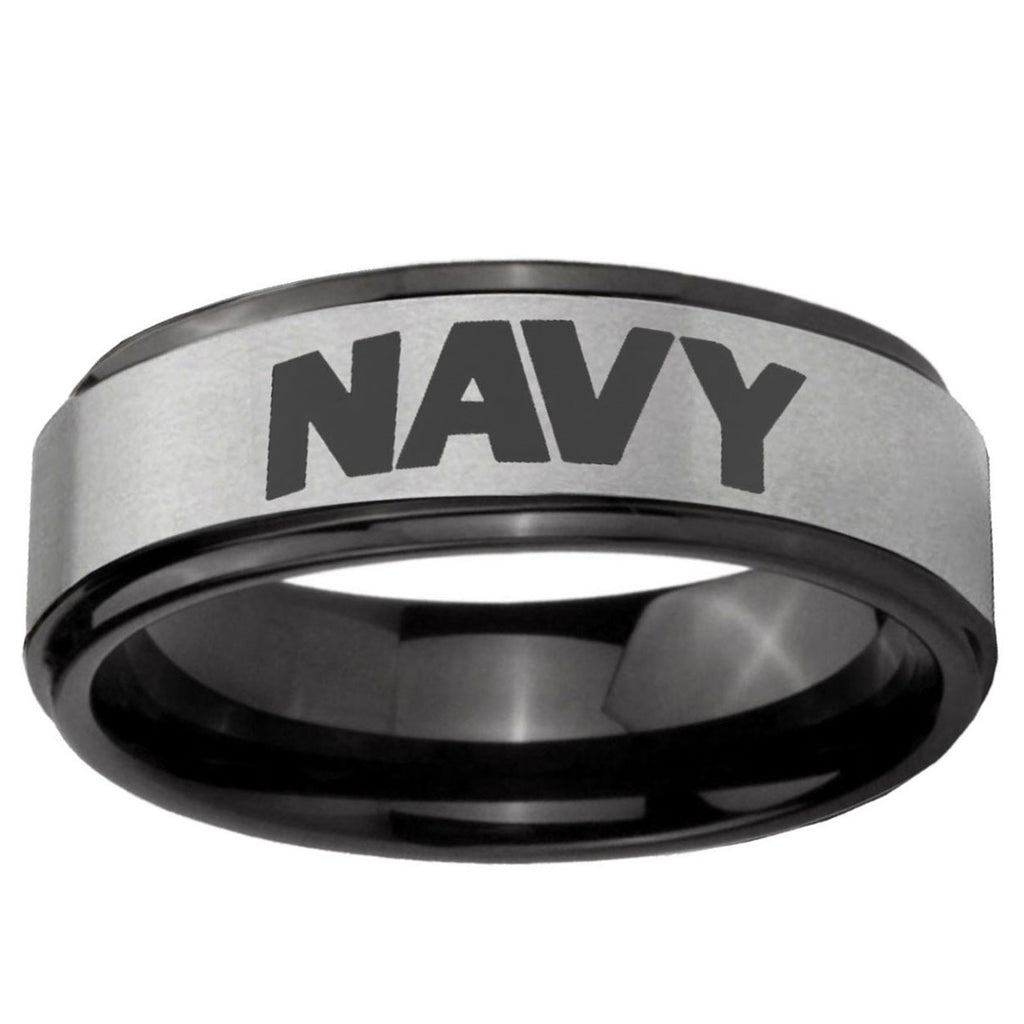 6mm Navy Black Step Edge Gray Tungsten Men's Wedding Band