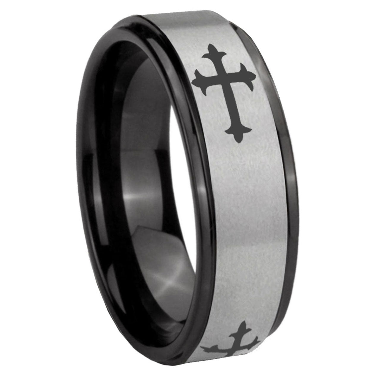 8mm Christian Cross Religious Black Step Edge Gray Tungsten Ring