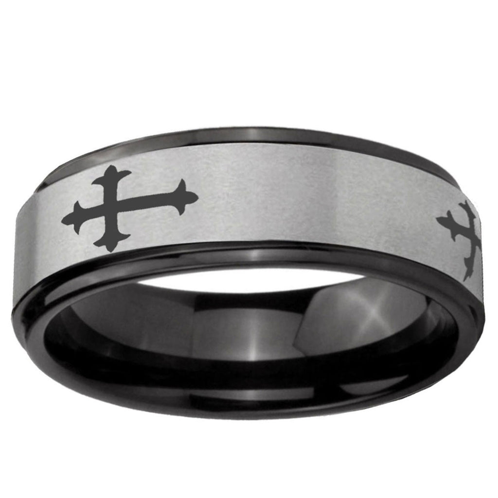 6mm Christian Cross Religious Black Step Edge Gray Tungsten Ring