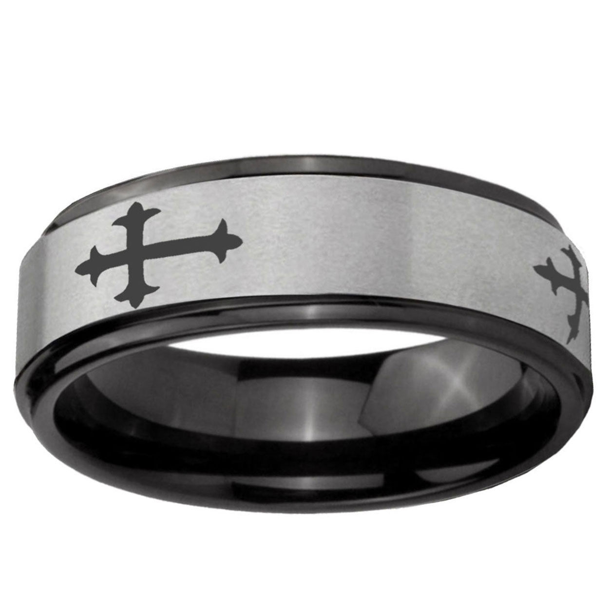 6mm Christian Cross Religious Black Step Edge Gray Tungsten Ring