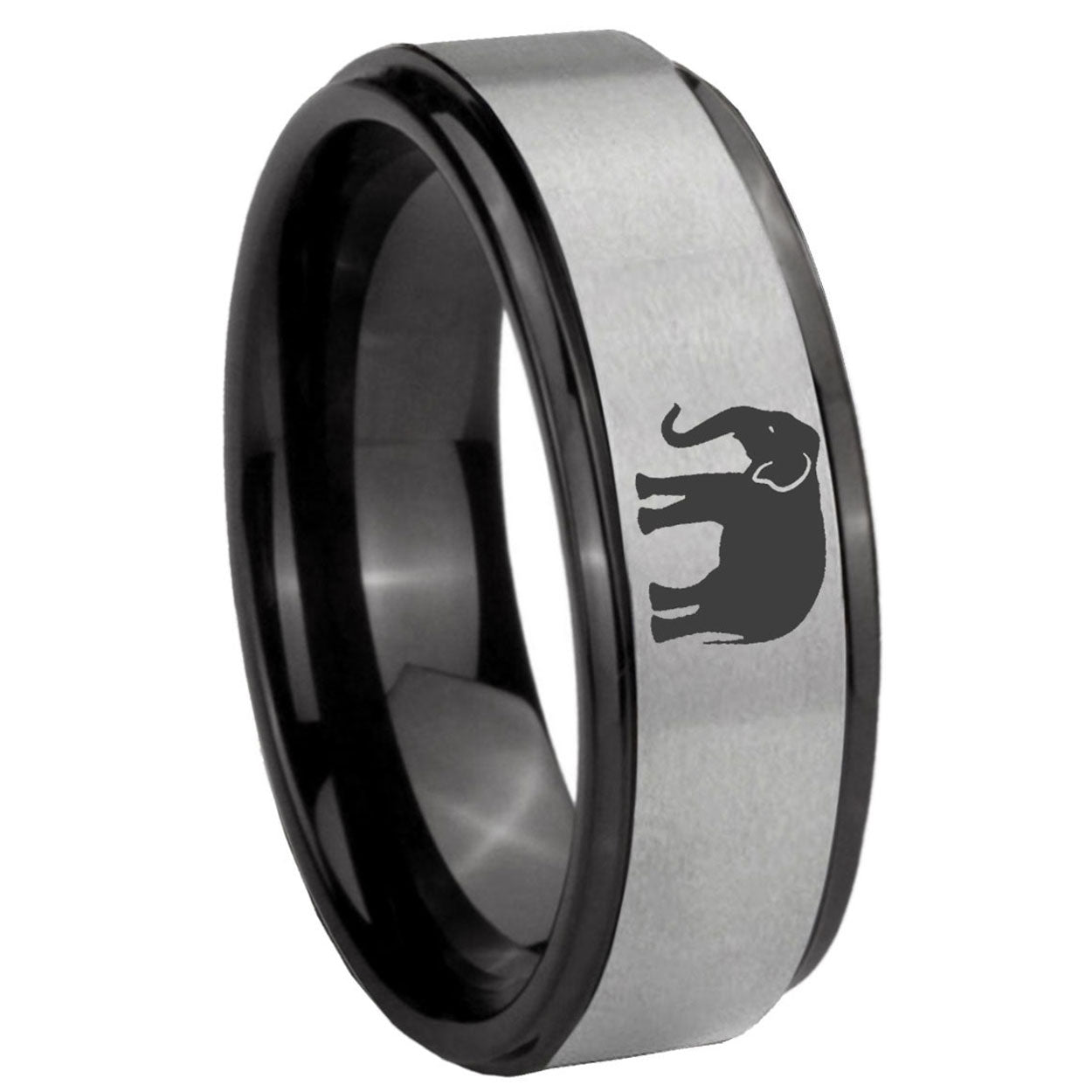 8mm Elephant Black Step Edge Gray Tungsten Band Ring