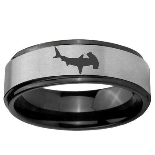 6mm Hammerhead Shark Black Step Edge Gray Tungsten Ring