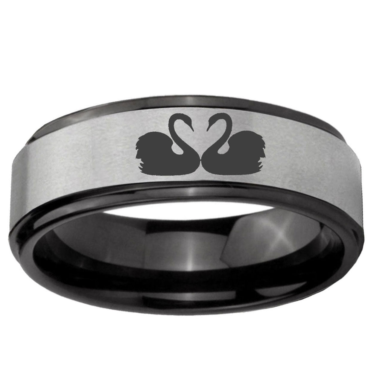 6mm Swans Design Black Step Edge Gray Tungsten Wedding Ring