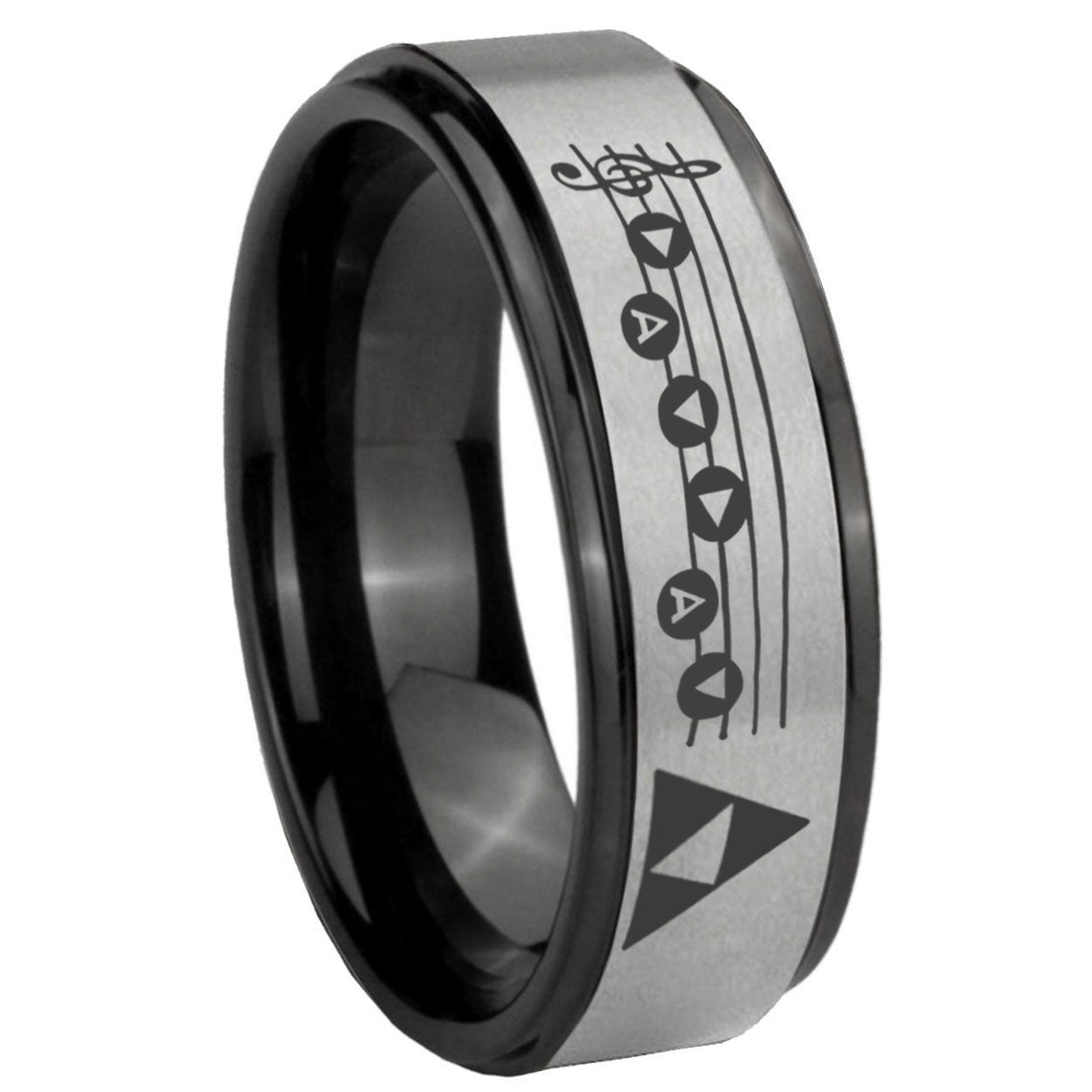 8mm Ocarina Songs Zelda Black Step Edge Gray Tungsten Ring