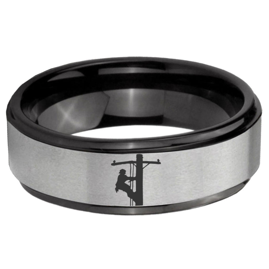 6mm Lineman Symbol Black Step Edge Gray Tungsten Ring