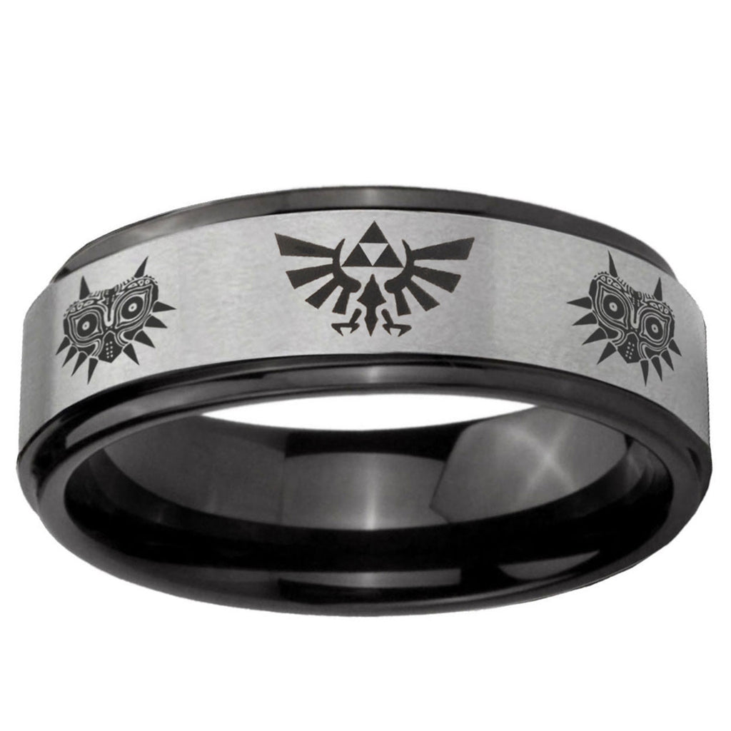 6mm Zelda Majora's Mask Black Step Edge Gray Tungsten Ring