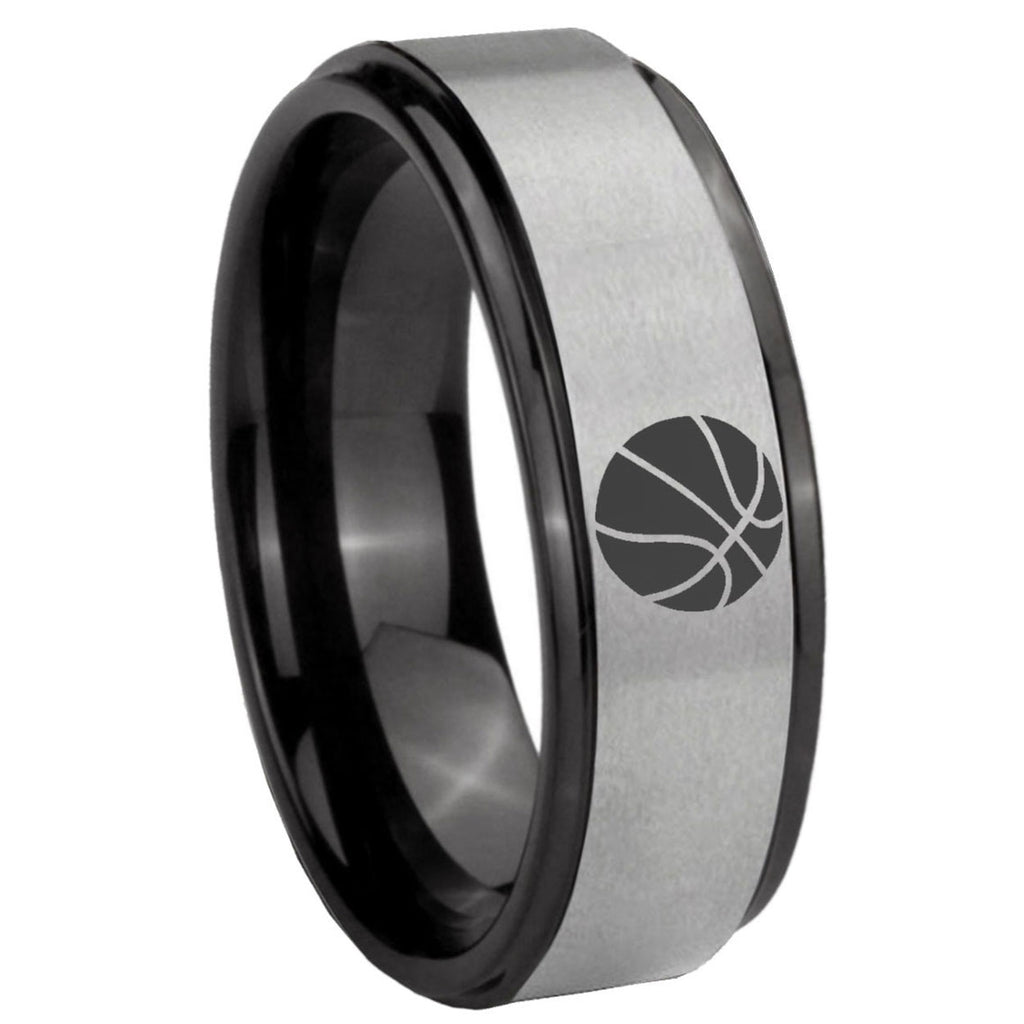 8mm Basketball Black Step Edge Gray Tungsten Promised Ring