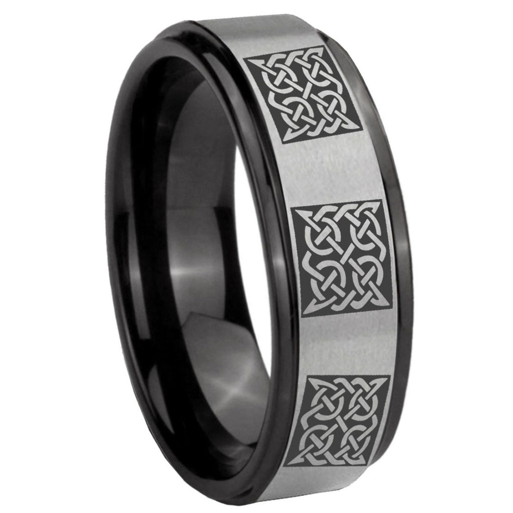 8mm Multiple Celtic Black Step Edge Gray Tungsten Ring