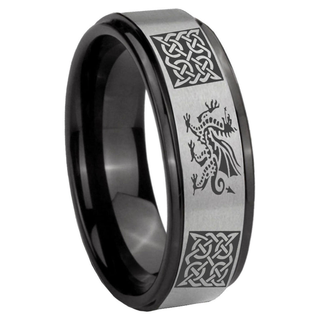 8mm Multiple Dragon Celtic Black Step Edge Gray Tungsten Ring