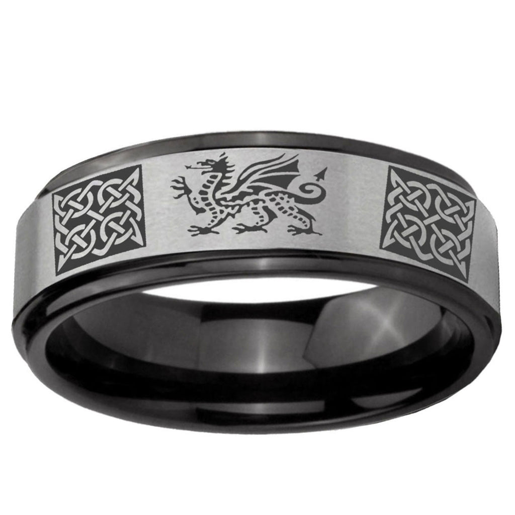 6mm Multiple Dragon Celtic Black Step Edge Gray Tungsten Ring
