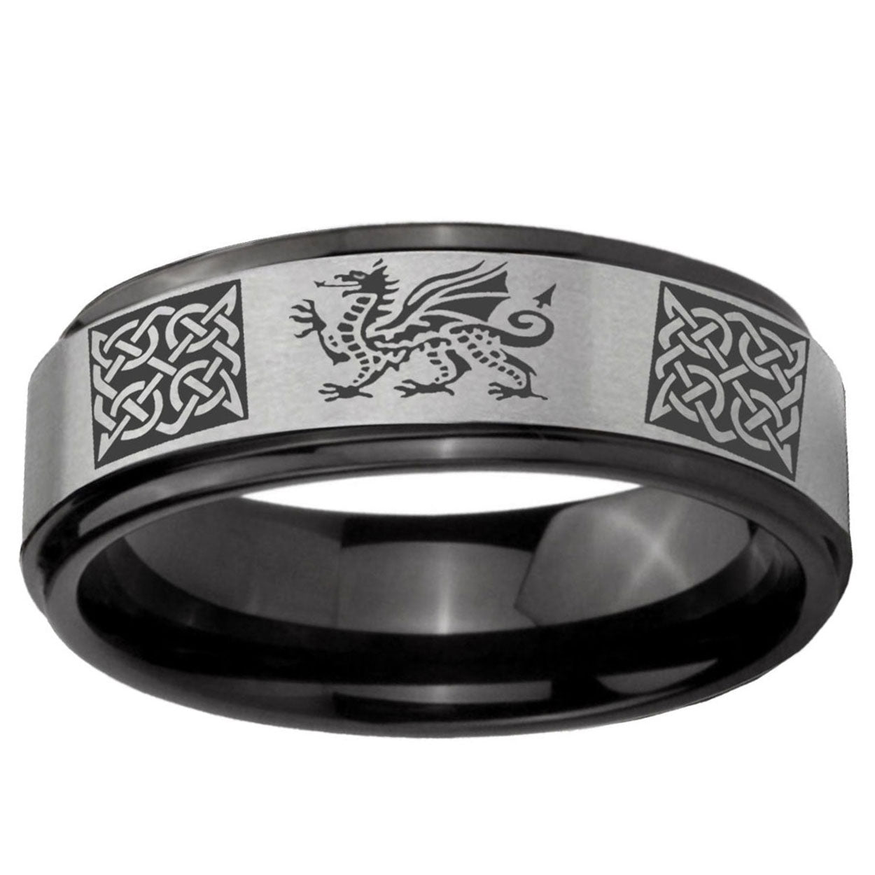6mm Multiple Dragon Celtic Black Step Edge Gray Tungsten Ring