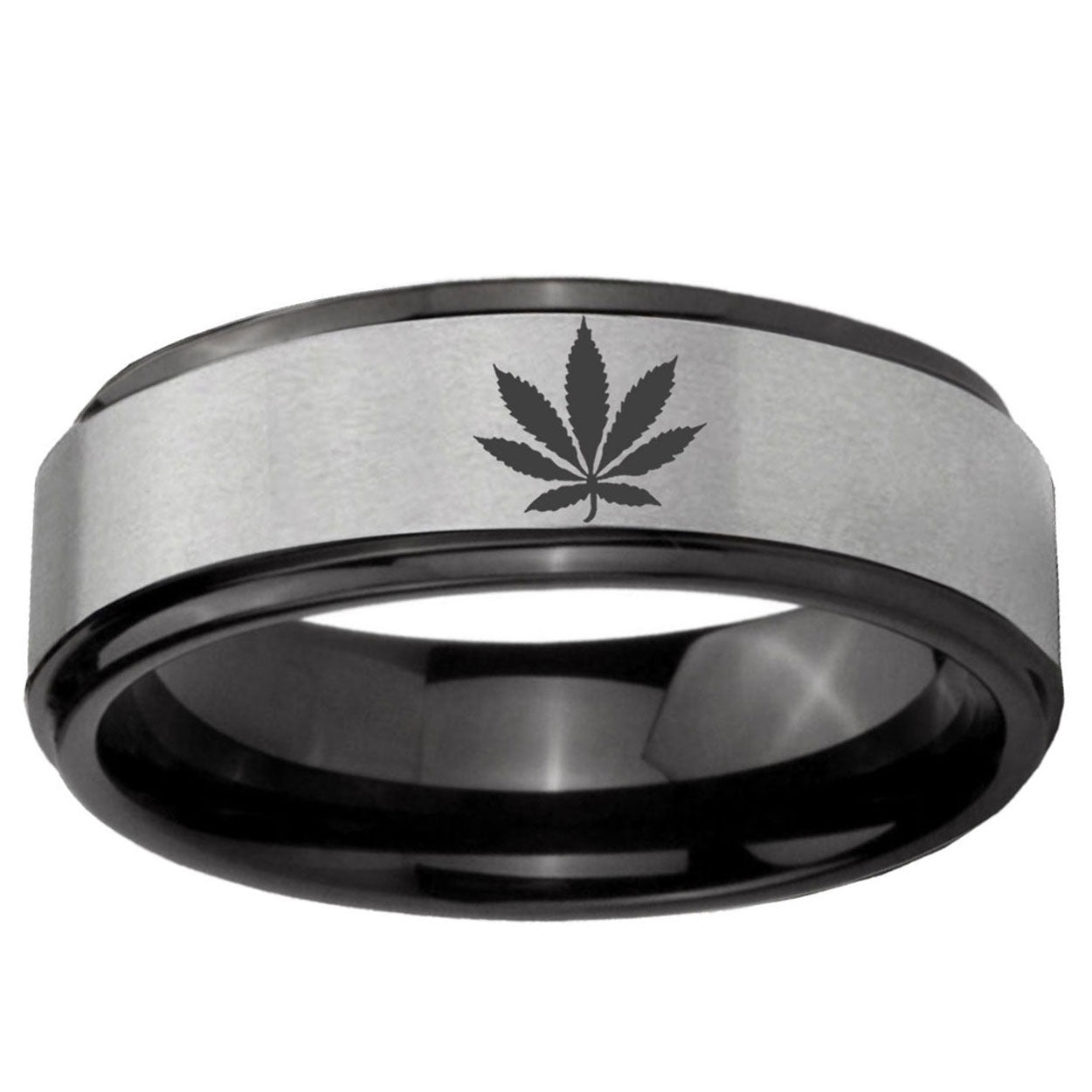 6mm Marijuana Leaf Black Step Edge Gray Tungsten Ring