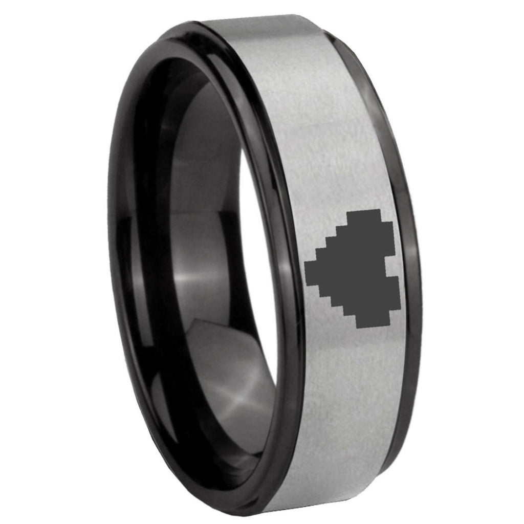 8mm Black Step Edge Gray Zelda Heart Tungsten Engraved Ring