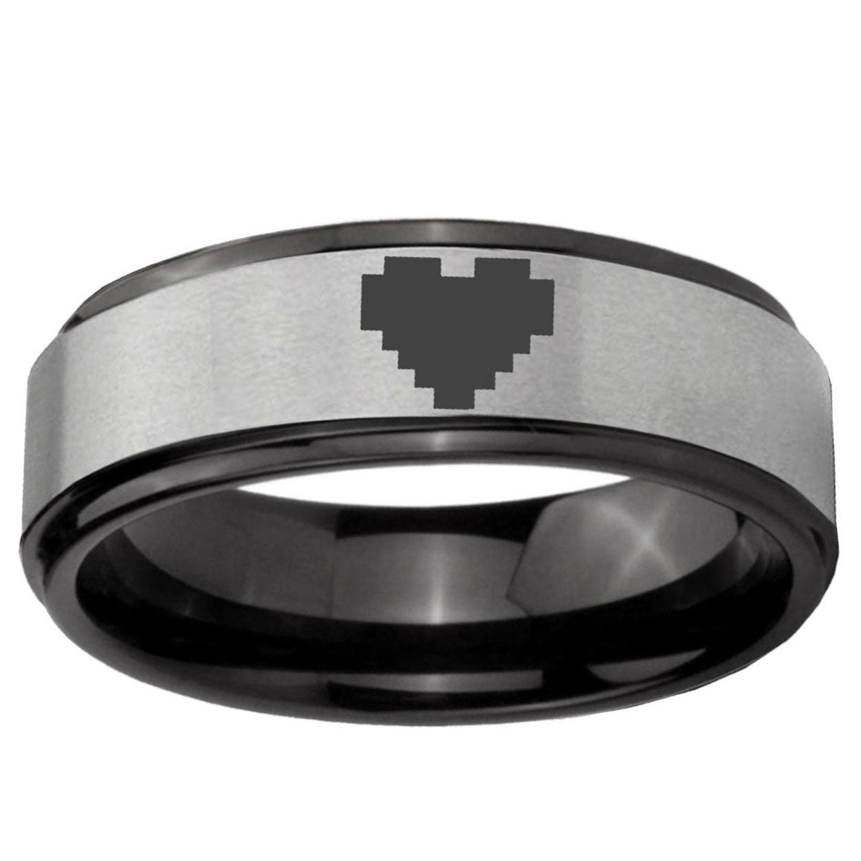 6mm Black Step Edge Gray Zelda Heart Tungsten Engraved Ring